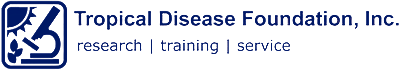Tropical Disease Foundation, Inc. logo featuring an icon with a sun, microscope, and leaves, alongside the text "research | training | service".