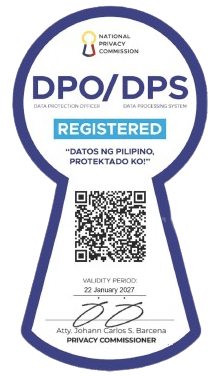 The official digital verification seal badge displays a distinct blue ribbon border enclosing a prominent QR code, labeled with the public safety tagline "Datos ng Pilipino, Protektado Ko!"