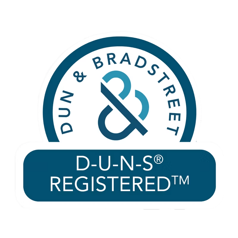 The official circular Dun & Bradstreet seal, colored in dark blue and white, prominently displays the words "D-U-N-S Registered" to verify authentic corporate compliance and global business credentials.