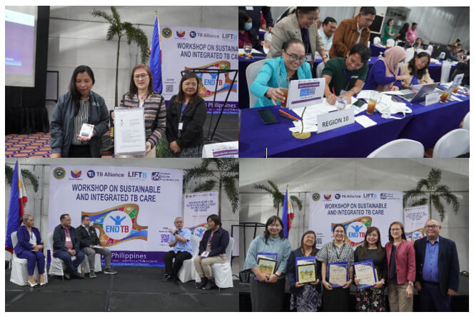 This composite layout displays four candid snapshots of healthcare workers actively collaborating, receiving corporate certificates, and showcasing training materials during a localized health education workshop.