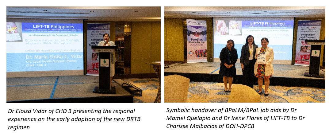 Two individual event photos are displayed together, showing a keynote speaker addressing an audience from a podium on the left, and a formal leadership presentation ceremony on the right.