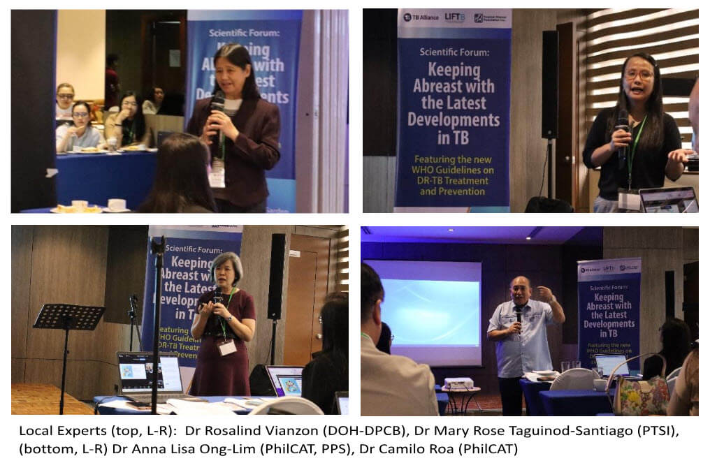A grid of four separate presentation snapshots shows various local healthcare specialists speaking into microphones and sharing clinical research data slides during an interactive public health symposium.