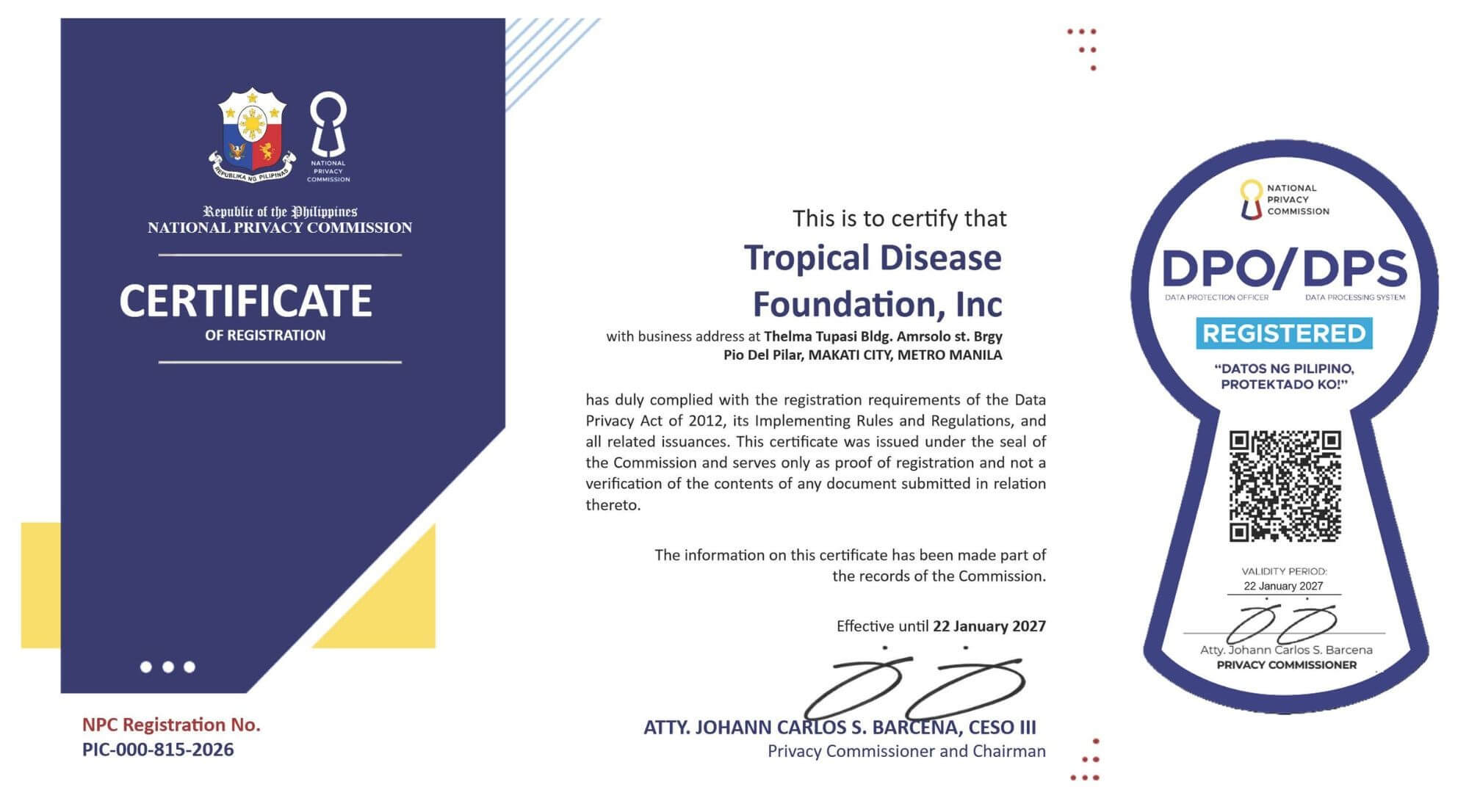 An official corporate certificate document layout featuring crisp typography, structured margins, and formal signatures, formally recognizing the institutional contributions of the Tropical Disease Foundation, Inc.