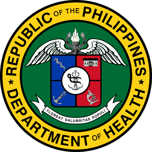 The formal circular seal of the Republic of the Philippines Department of Health displays a central shield icon encircled by a yellow border inscribed with the official agency name.