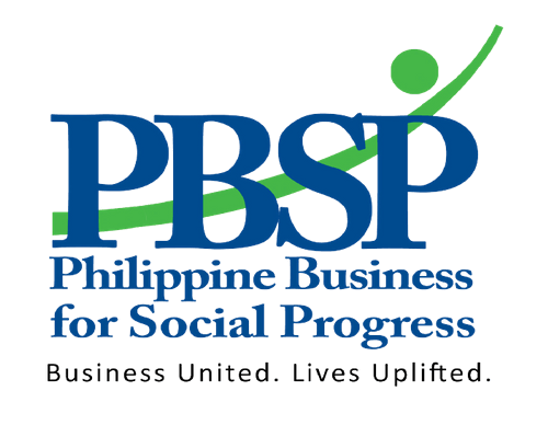 The corporate branding for Philippine Business for Social Progress features bold blue "PBSP" lettering paired with a green abstract figure, alongside their organizational tagline, "Business United. Lives Uplifted."
