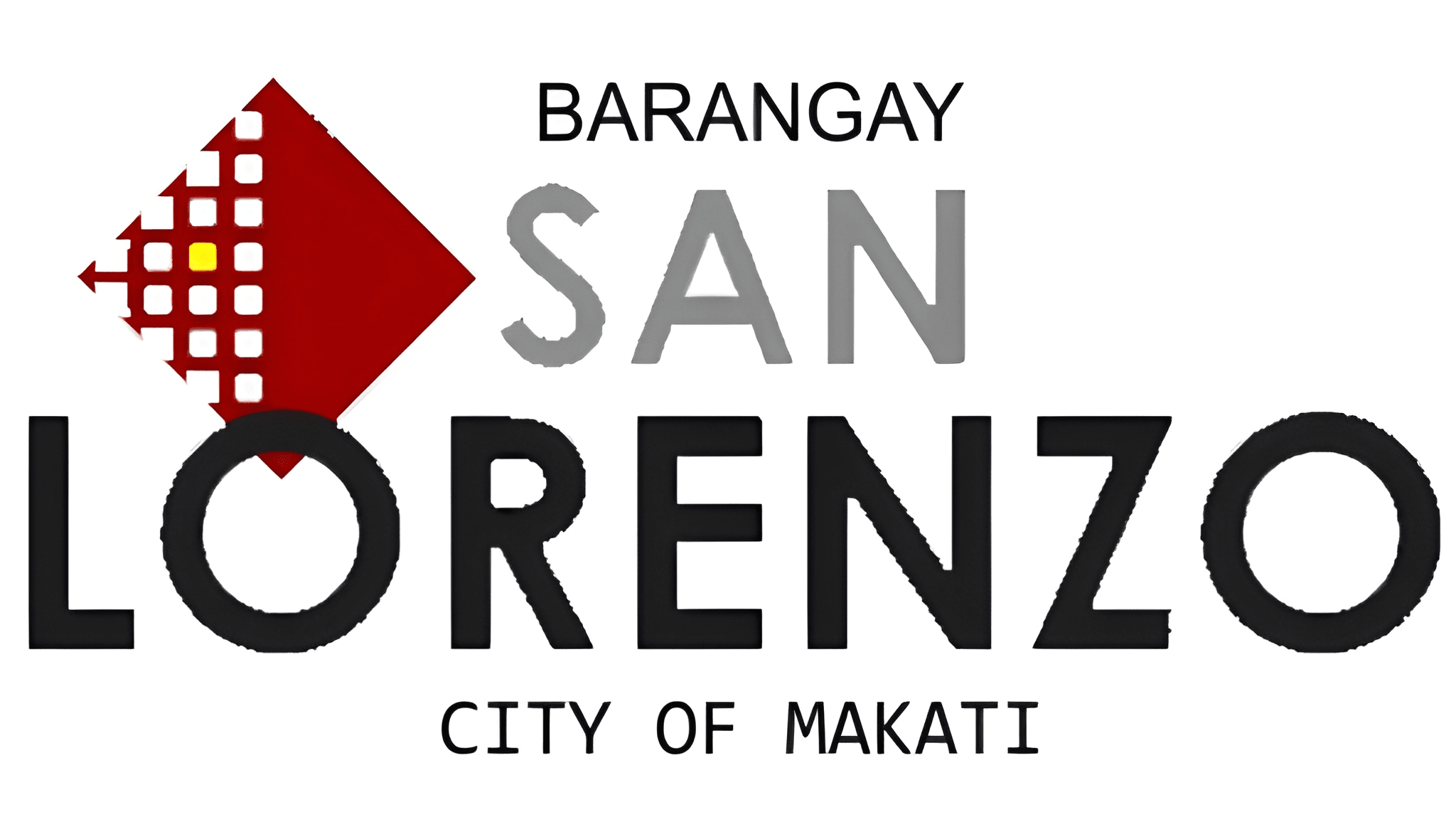 The local government emblem for Barangay San Lorenzo in the City of Makati displays bold black and red geometric typography accompanied by a modern, sharp triangular accent graphic.
