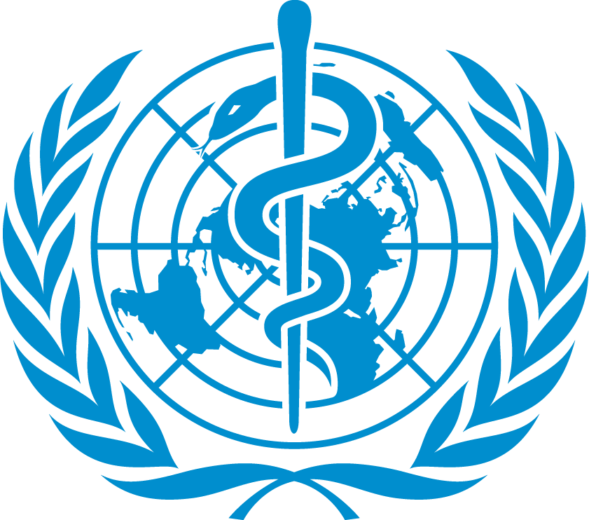The globally recognized World Health Organization logo, rendered in light blue, features the traditional Rod of Asclepius staff and serpent symbol layered over a map of the world grid.