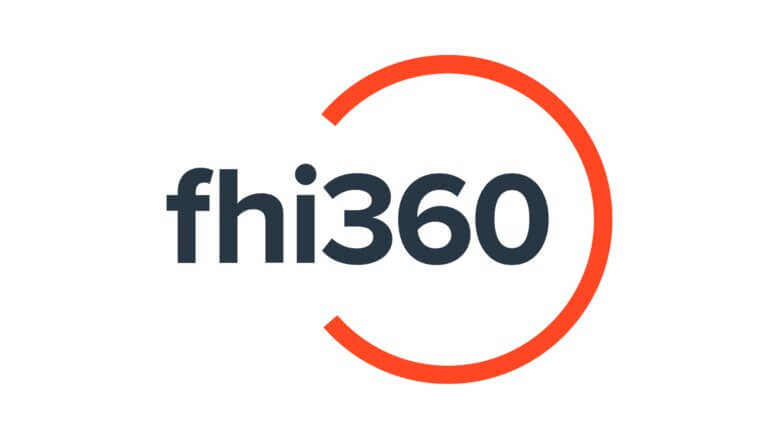FHI 360 logo, featuring dark blue lowercase text "fhi360" enclosed by an open, bright orange circle.